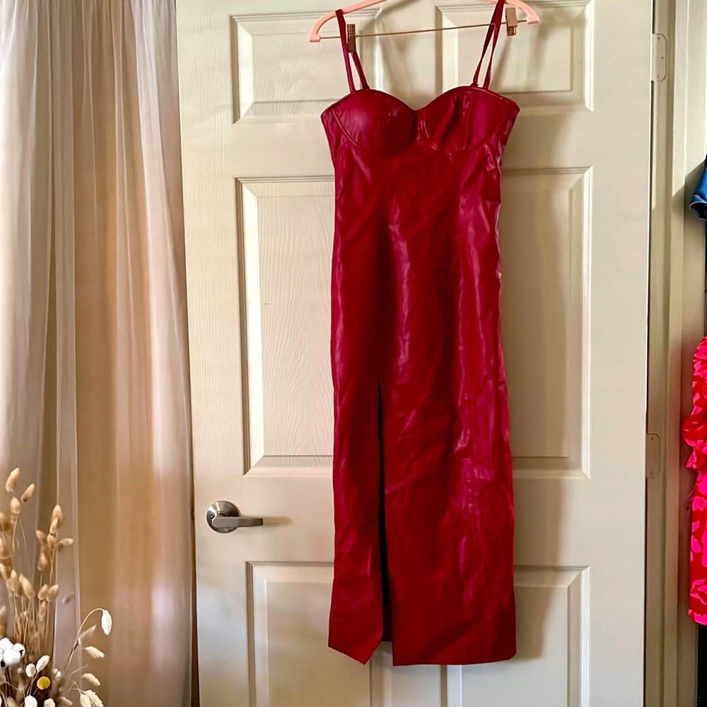 NWT. NASTY GAL Red Faux Leather Bustier Midi Dress.